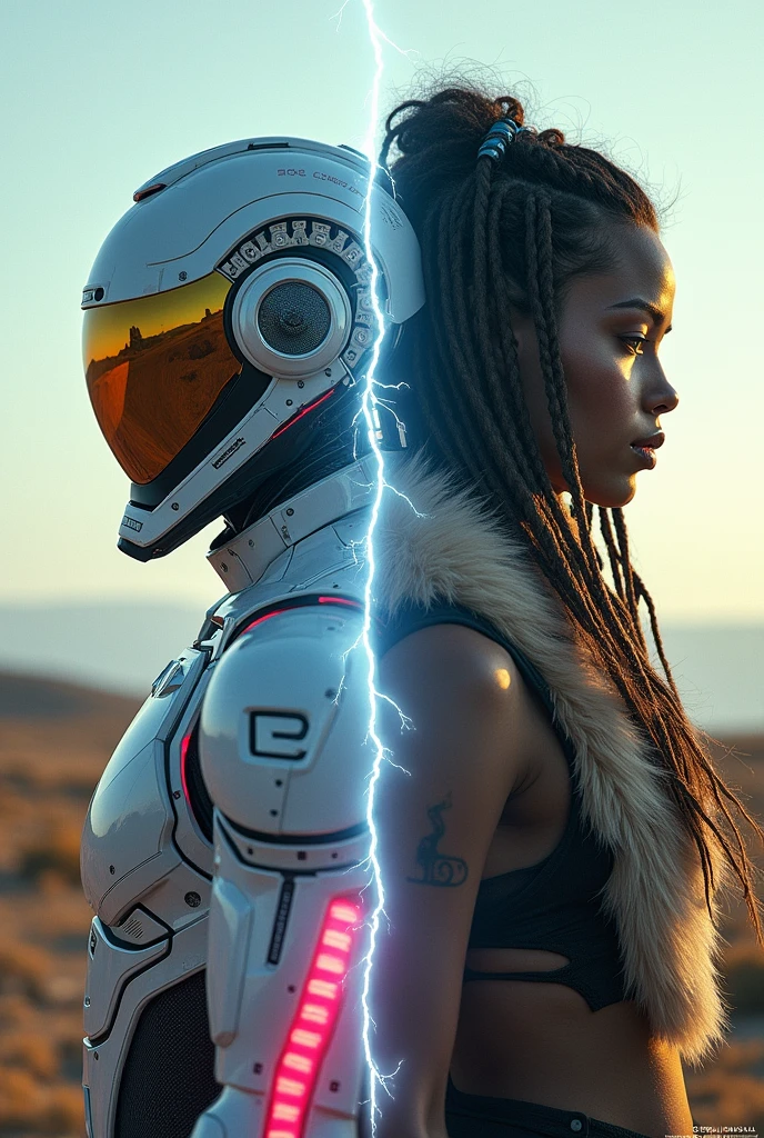 photoillustration of double exposure of merge vertically of {two different tones paradox world, 1half futuristic girl(cyborg helmet body armor suit with obvious cables in neon color), 1half primitive girl(animal fur clothes, braided hair)},{(transparency effect:0.5), symmetrical vertical cut ((vertical half cut:1.5))seamless split, texture and pattern, ((transparency effect:0.5)), iconic scenery stance, front view, look to the viewer(detailed:1.5) dramatic shadows, dramatic lights, interlacing elements, fantasy art, different tones, different basic_tones, very_long horizons, opposite-opponent digital manipulated photo art, hyper-realistic, ultra-detailed, crisp clarity, high-contrast, luminous ambiance, rich textures, intricate patterns, vivid colors, cinematic lighting} photorealistic, a lightning exact in the middle, accurate dimension proportions. {Text "COLLIDE" in bold futuristic fonts at top center, and "two different words" at bottom center}
