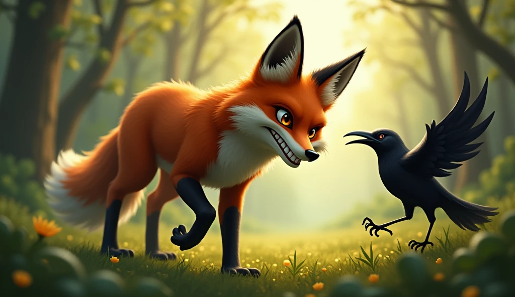 The arrival of the fox: A hungry fox is seen walking in the forest. He has eyes on the crow, and a sly smile on his face.