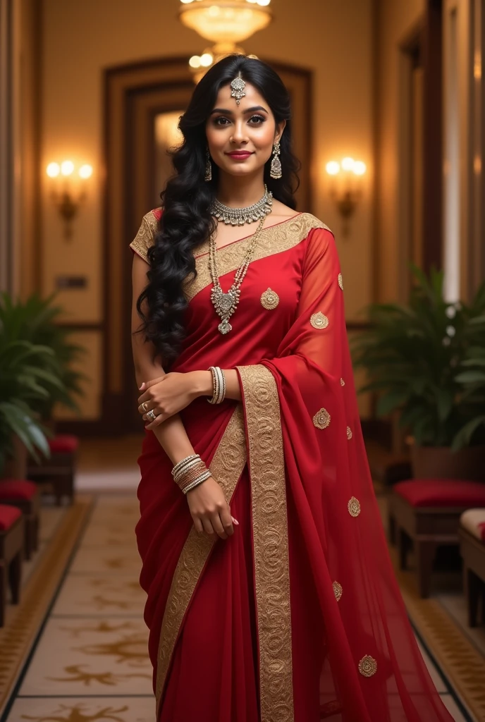 Create a tamil bridal saree reception look for tan skin brides
