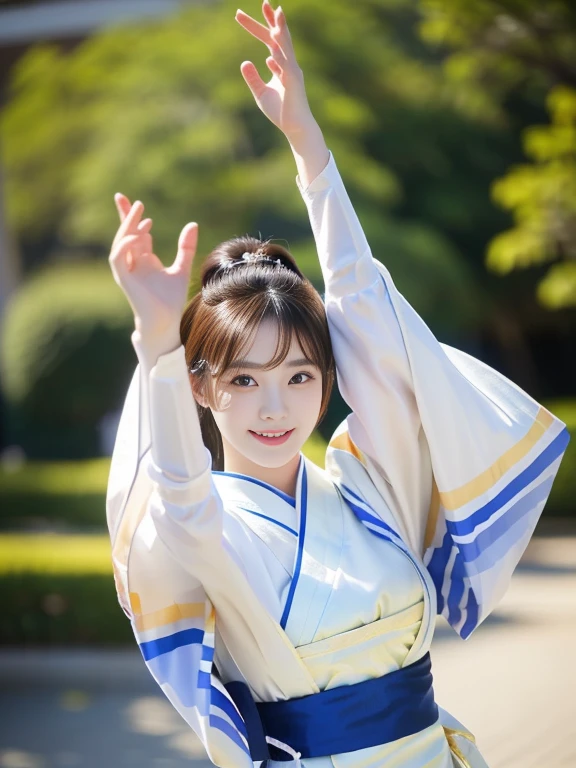 Photo-realistic quality、A 20-year-old Japanese woman dancing the Awa Odori dance、Traditional Bon Odori costumes based on white, White Arms、 White traditional costume, Japanese model, Cute playful pose of the dancer,  Beautiful images, Traditional Costume、looking at the camera、Detailed and beautiful eyes、Cute smile、A soft and gentle look