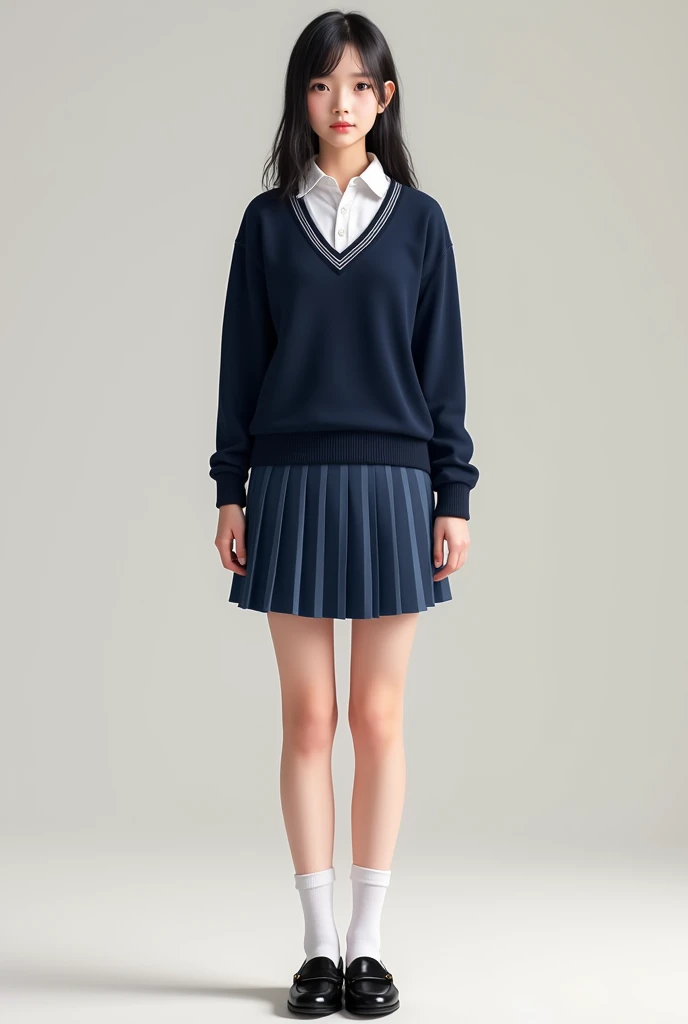 A high school student modeling the institution's uniform, which consists of a navy blue V-neck sweater and a white blouse without bows or anything., blue skirt with white vertical lines, completely white socks but not too long and black moccasin shoes.