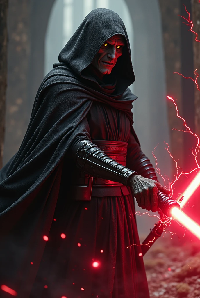 A Sith from Star Wars, thin grey Skin, Sith has red lightning in his hand and kills 4 other Sith, black cloak with hood, dark atmosphere, scary, frightening, ultra realistic