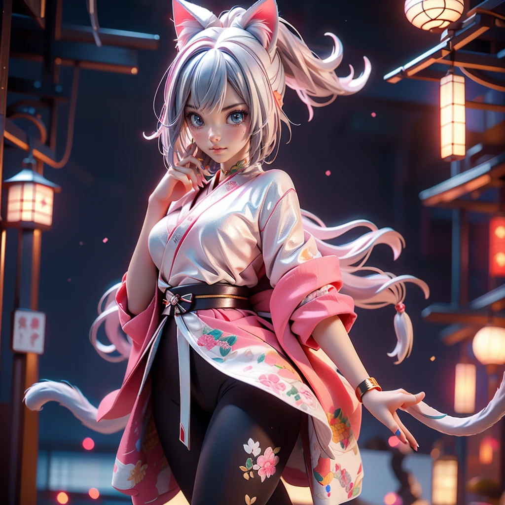 Moisturized Skin, (blue eyes), Realistic body, (Adult female body), Energetic, 3DCG, front, Pink lipstick, (Silver Hair), ((Cat ear)), Beautiful Hair, Long Hair, ponytail, Open the chest, See-through tights, Dressed in black and red, Honnoji no hen, Japanese sword, Great impact, ((masterpiece + Highest quality + High resolution + Very detailedな)), (whole body: 1.3), Perfect fingers, Perfect limbs, Anatomically correct, Textured skin, Very detailed,