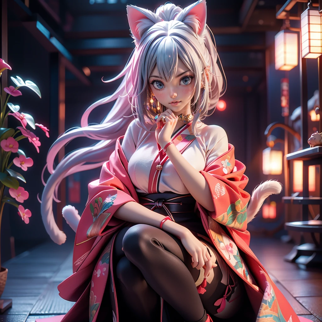 Moisturized Skin, (blue eyes), Realistic body, (Adult female body), Energetic, 3DCG, front, Pink lipstick, (Silver Hair), ((Cat ear)), Beautiful Hair, Long Hair, ponytail, Open the chest, See-through tights, Dressed in black and red, Honnoji no hen, Japanese sword, Great impact, ((masterpiece + Highest quality + High resolution + Very detailedな)), (whole body: 1.3), Perfect fingers, Perfect limbs, Anatomically correct, Textured skin, Very detailed, 