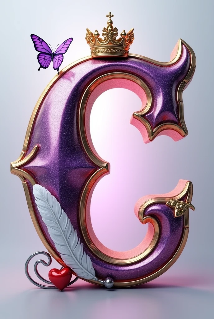 A 3d render of the a capital letter "C" in a purple and gold metallic font with golden British crowns above both letters and a white feather and butterfly, with a light shine behind the letter, and a silver swirl underneath. A red heart , The background is a light gray.