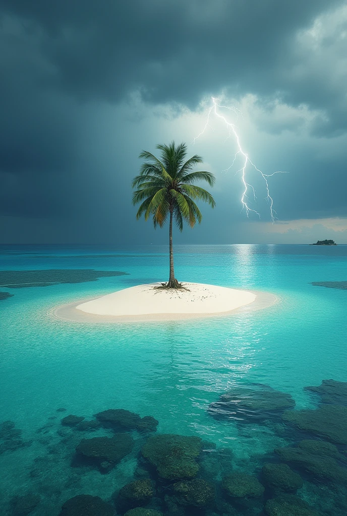 "A small, deserted island in the middle of a vast, turquoise ocean. The island has a single, tall palm tree and is surrounded by pristine white sand. In the background, a storm is approaching, with dark clouds and distant lightning, creating a contrast between the calm and the impending storm. The water around the island is crystal clear, revealing colorful coral reefs just below the surface."