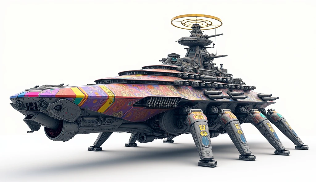 A long wide giant heavily armored divine futuristic flying all terrain biomechanical space battleship covered in rainbow batik pattern and glowing javanese runic symbols, multiple retractable cybernetic spider legs with wheels on the tip, divine halo, flying hovercraft, flying submarine, flying aircraft carrier, flying hotel, flying resort, flying city, flying skyscraper, flying cruise ship, flying yacht, flying castle, flying military base, multiple thrusters, multiple helipad, multiple propeller, mobile headquarters, mobile command center, automatic turrets, missile banks, missile defense system, multi-port rear engine arrays, large pivoted missile pods, anti-air batteries, reactive armour over vital spaces, VTOL thrusters, ventral ground-facing VTOL thruster bays, retractable center cannon, super carrier, sky carrier, space station, floating city, floating castle, white background