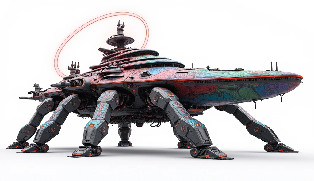 A long wide giant heavily armored divine futuristic flying all terrain biomechanical space battleship covered in rainbow batik pattern and glowing javanese runic symbols, multiple retractable cybernetic spider legs with wheels on the tip, divine halo, flying hovercraft, flying submarine, flying aircraft carrier, flying hotel, flying resort, flying city, flying skyscraper, flying cruise ship, flying yacht, flying castle, flying military base, multiple thrusters, multiple helipad, multiple propeller, mobile headquarters, mobile command center, automatic turrets, missile banks, missile defense system, multi-port rear engine arrays, large pivoted missile pods, anti-air batteries, reactive armour over vital spaces, VTOL thrusters, ventral ground-facing VTOL thruster bays, retractable center cannon, super carrier, sky carrier, space station, floating city, floating castle, white background