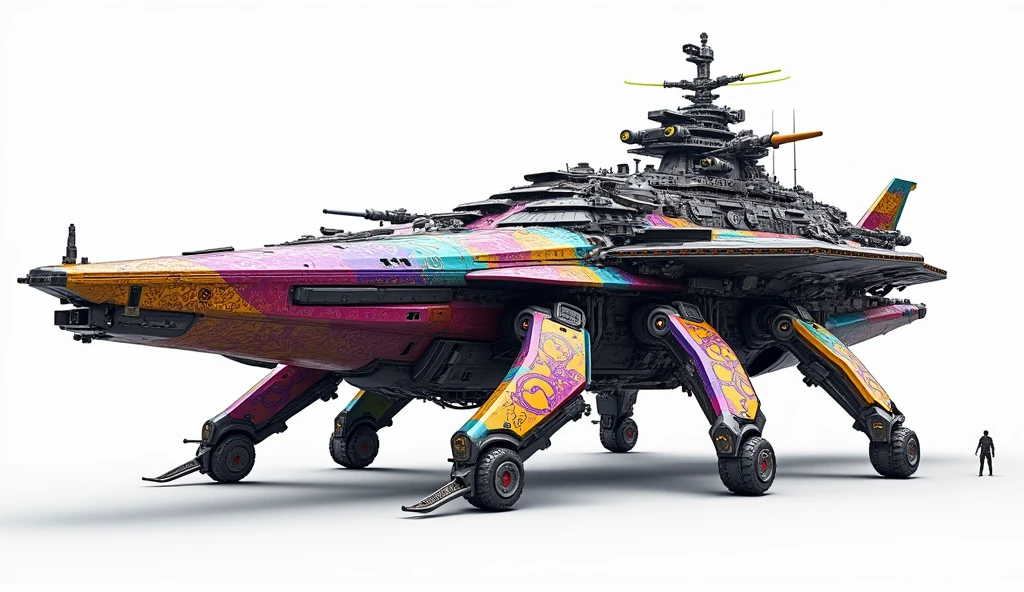 A long wide giant heavily armored divine futuristic flying all terrain biomechanical space battleship covered in rainbow batik pattern and glowing javanese runic symbols, multiple retractable cybernetic spider legs with wheels on the tip, divine halo, flying hovercraft, flying submarine, flying aircraft carrier, flying hotel, flying resort, flying city, flying skyscraper, flying cruise ship, flying yacht, flying castle, flying military base, multiple thrusters, multiple helipad, multiple propeller, mobile headquarters, mobile command center, automatic turrets, missile banks, missile defense system, multi-port rear engine arrays, large pivoted missile pods, anti-air batteries, reactive armour over vital spaces, VTOL thrusters, ventral ground-facing VTOL thruster bays, retractable center cannon, super carrier, sky carrier, space station, floating city, floating castle, white background