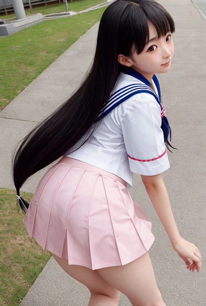 Japanese high school girl mini skirt sailor uniform straight long hair cute bottom angle jump