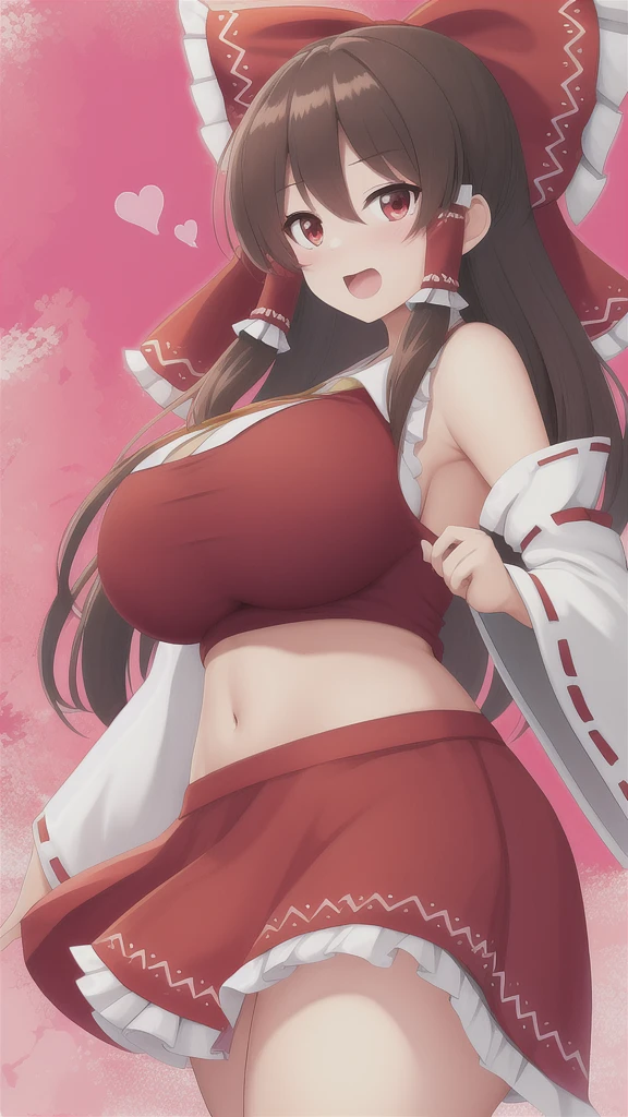 1gril,Hakurei reimu huge breasts, standing,Heart-shaped eyes Ahe facial expression Open mouth