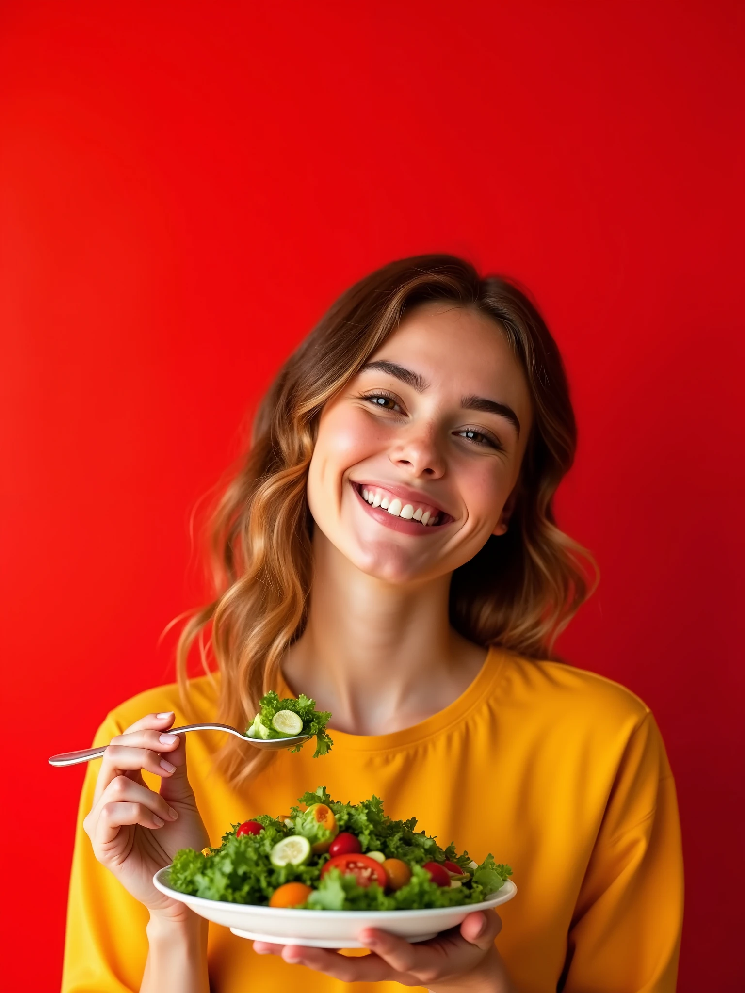 girl+salad+red background+smile