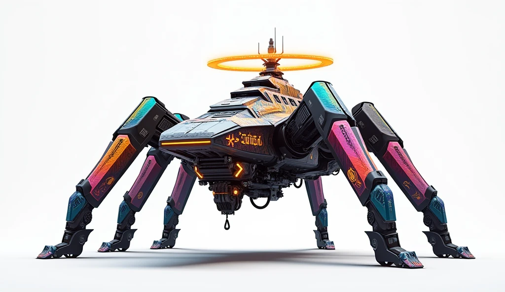 A long wide giant heavily armored divine futuristic flying all terrain biomechanical space battleship covered in rainbow batik pattern and glowing javanese runic symbols, multiple retractable cybernetic spider legs with wheels on the tip, divine halo, flying hovercraft, flying submarine, flying aircraft carrier, flying hotel, flying resort, flying city, flying skyscraper, flying cruise ship, flying yacht, flying castle, flying military base, multiple thrusters, multiple helipad, multiple propeller, mobile headquarters, mobile command center, automatic turrets, missile banks, missile defense system, multi-port rear engine arrays, large pivoted missile pods, anti-air batteries, reactive armour over vital spaces, VTOL thrusters, ventral ground-facing VTOL thruster bays, retractable center cannon, super carrier, sky carrier, space station, floating city, floating castle, white background