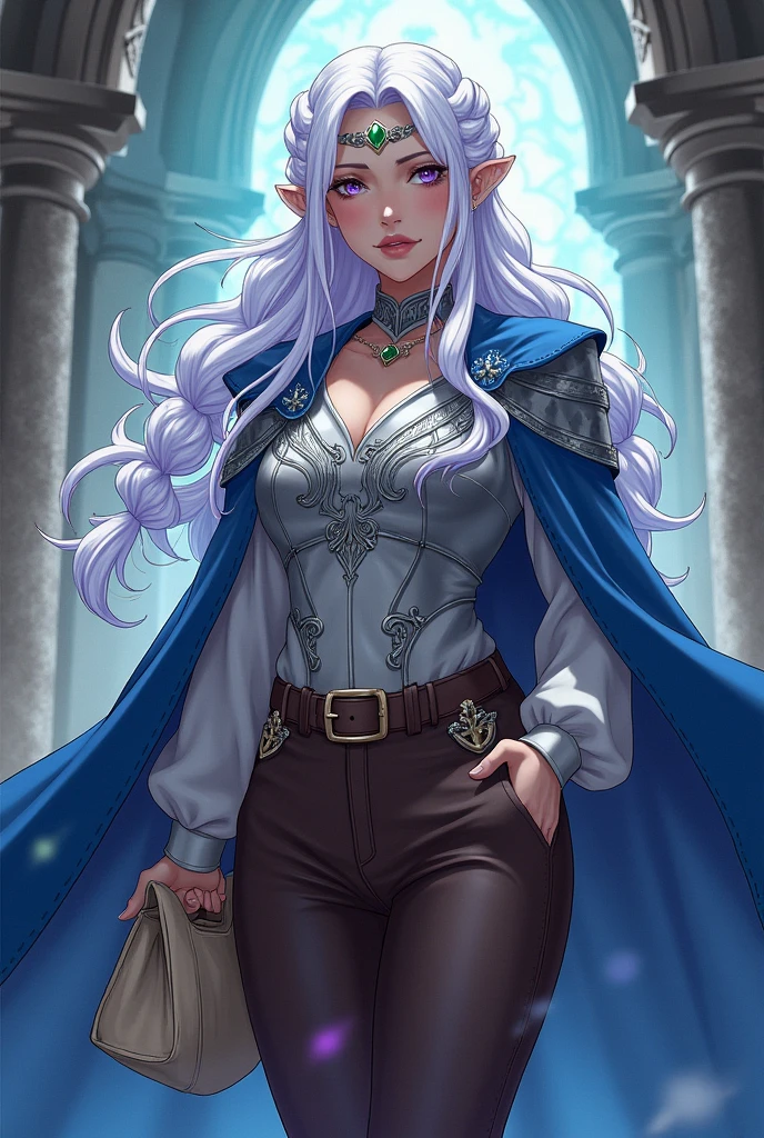 Lavender eyes. Magician People Woman, with long braided white hair. Blue cape decorated with silver embroidery and a detached hood. silver breastplate, white blouse and brown pants as well as boots. Silver collar with emerald and silver headband with emerald Brown belt with cream colored bag Manga style