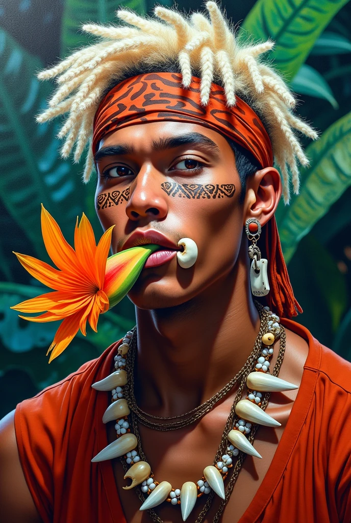 Portrait painting of a young white indigenous man with a bone in his nose.Cheveux court avec des locks blond portant un bandeau de peinture sur les yeux .Tribal face tattoo. Avec un collier de dent de requin autour du coup. Holding a blue flower in mouth very colorful tropical. square face. With a chameleon on his head