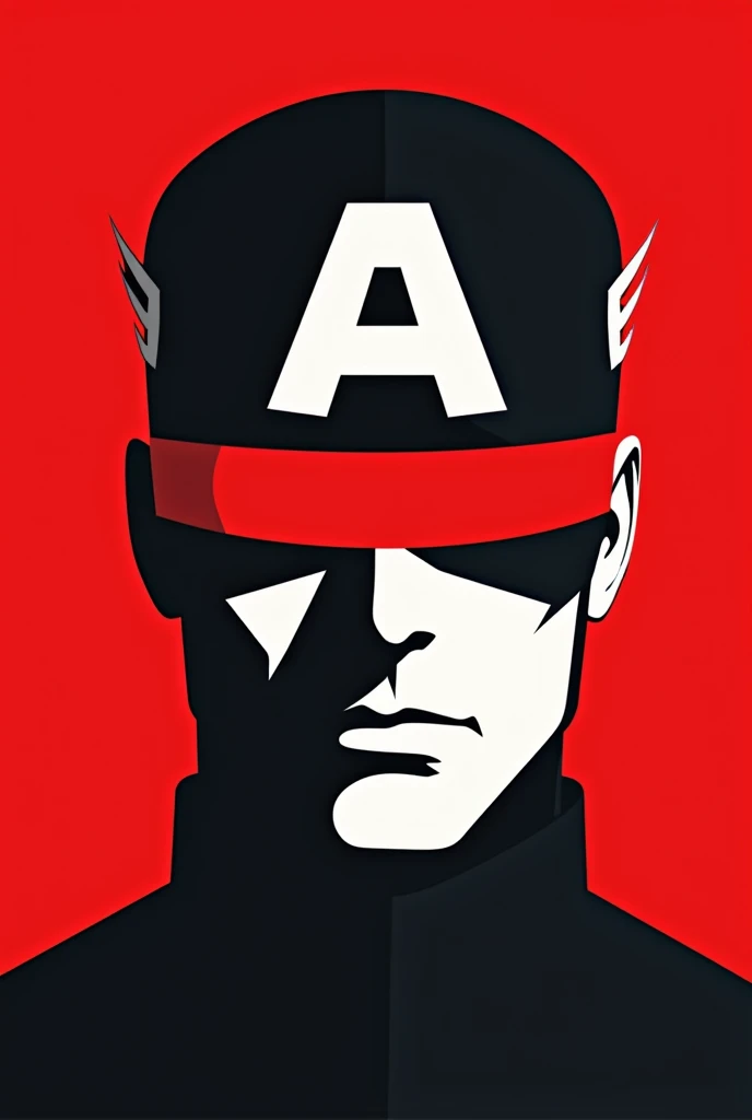 A stylized Art vectoriel portrait of Captain America with a black and white face, partiellement obscurci par une bande rouge audacieuse sur ses yeux. L'arrière-plan est rouge uni. La figure semble solennelle, Art vectoriel