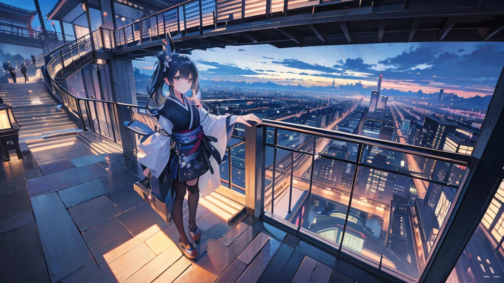 Escher's Staircase、Pedestrian bridge、Japanese cityscape、City of night、light up、Some people panicking々。Draw from a little distance