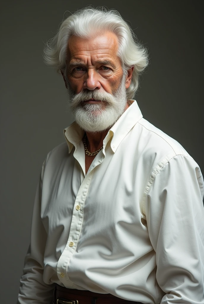 Create a picture of a man with white hair ,white shirt ,full body