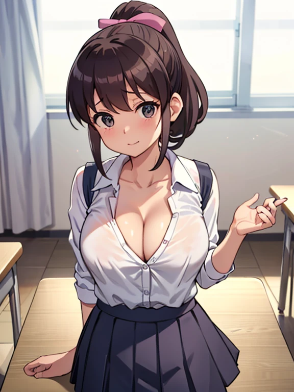 Shooting in the classroom,Show the whole body(Mastepiece,1, alone,,) (Kodama Fumika)ponytail,Pink ribbon,Big Breasts,Cleavage,Cleavageを見せる,tits,Showing cleavage through a white shirt,Navy Blue Skirt