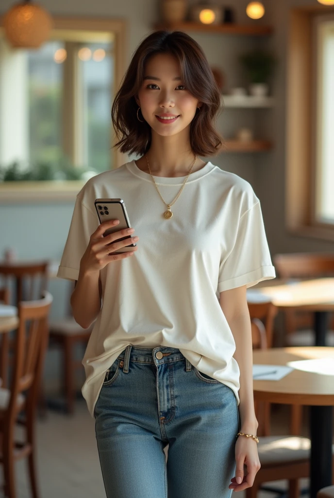 Photorealistic full-body portrait of a fabulous, film grain, Highest quality, Ultra-high resolution, Japanese woman, 25years old, Height: 165 cm, slim, big smile, full body,long face, fashion model posing,looking at the camera, layered hair, short hair, brown hair, shy smile, flirty, oversized t-shirt, jeans, necklace, dining room, smartphone