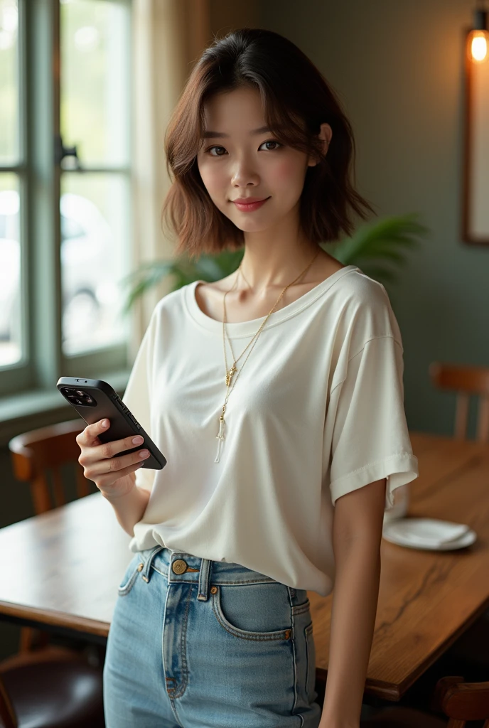 Photorealistic full-body portrait of a fabulous, film grain, Highest quality, Ultra-high resolution, Japanese woman, 25years old, Height: 165 cm, slim, big smile, full body,long face, fashion model posing,looking at the camera, layered hair, short hair, brown hair, shy smile, flirty, oversized t-shirt, jeans, necklace, dining room, smartphone