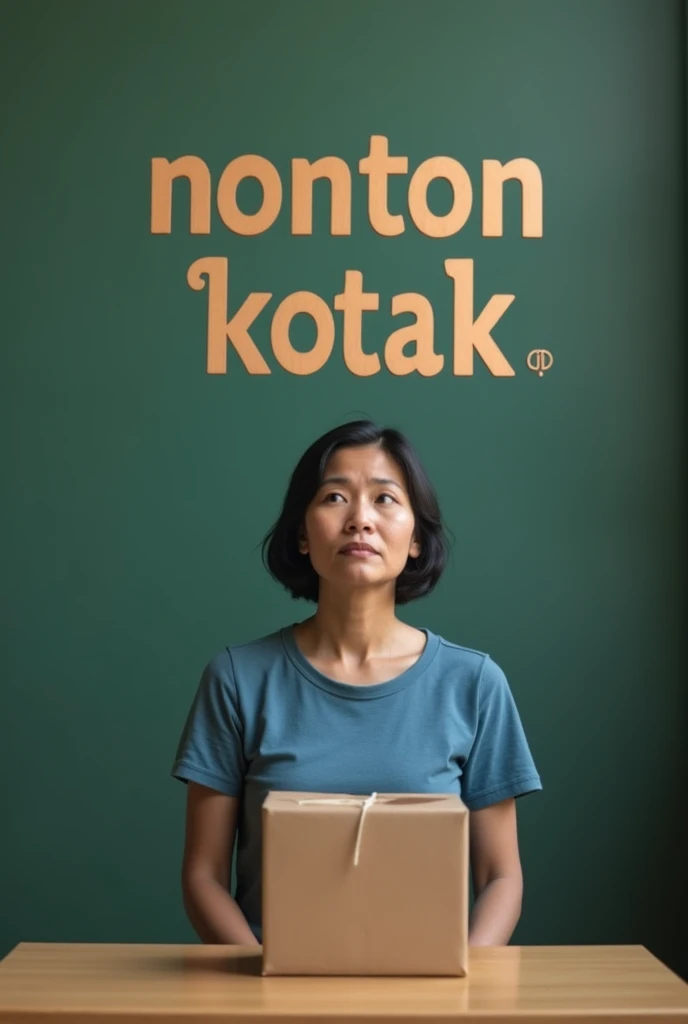 A 40 years old teacher from Indonesia wearing blue t-shirt, she look at a brown empty box, in the air there are big word "NONTON KOTAK" without translate in English, real pics high quality