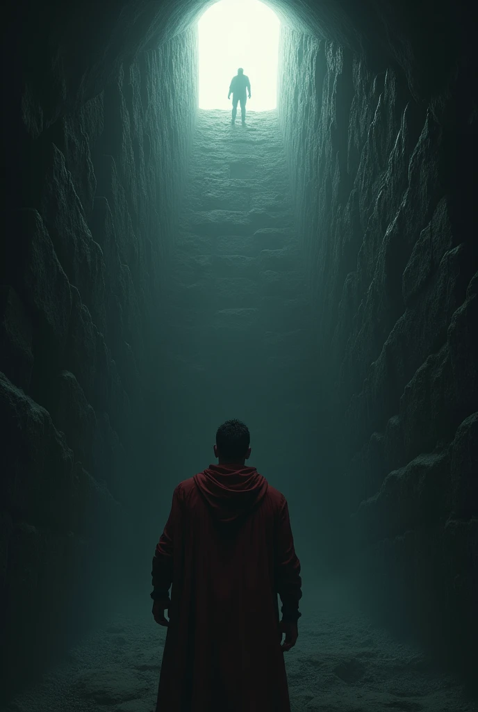 Create the image of a strong, young white man, he is trapped in a well-shaped prison, Deep ,long,hits and darkens,
He is looking up where he sees the exit and there is also the silhouette of a man looking back., he has his back to the image