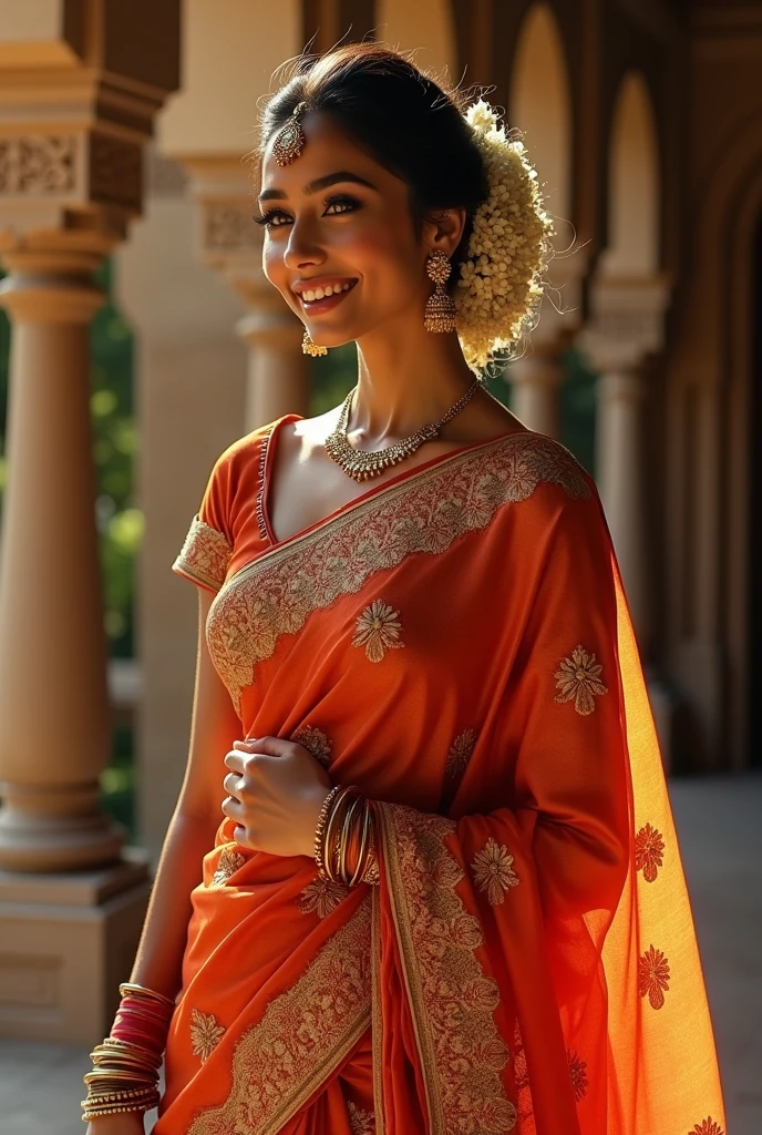 Create a tamil bridal silk saree reception look for tan skin brides
