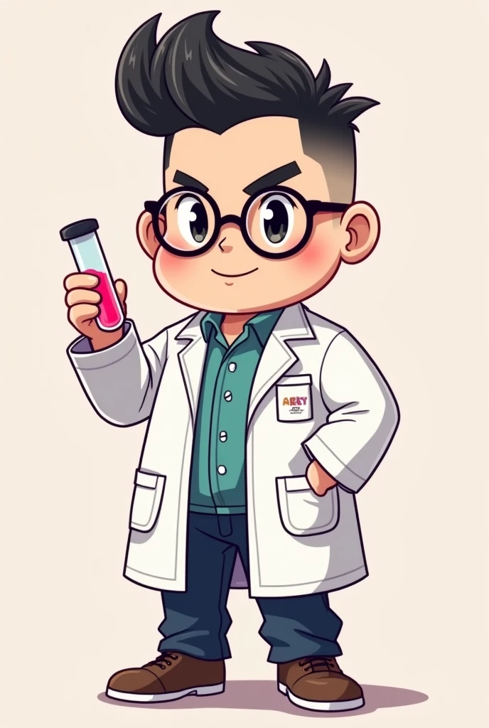A full-body cartoon character in chibi style with a height of 185 cm, weight of 95 kg, and a slightly chubby build. The character should have a high fade haircut and be wearing the glasses shown in the image provided. The character is holding a test tube with a very light pink phenolphthalein solution,The character is also wearing a lab coat similar to those used in chemistry labs, with the overall style being bright, colorful, and in the same smooth lines as the previous images. The background should be simple to keep the focus on the character.