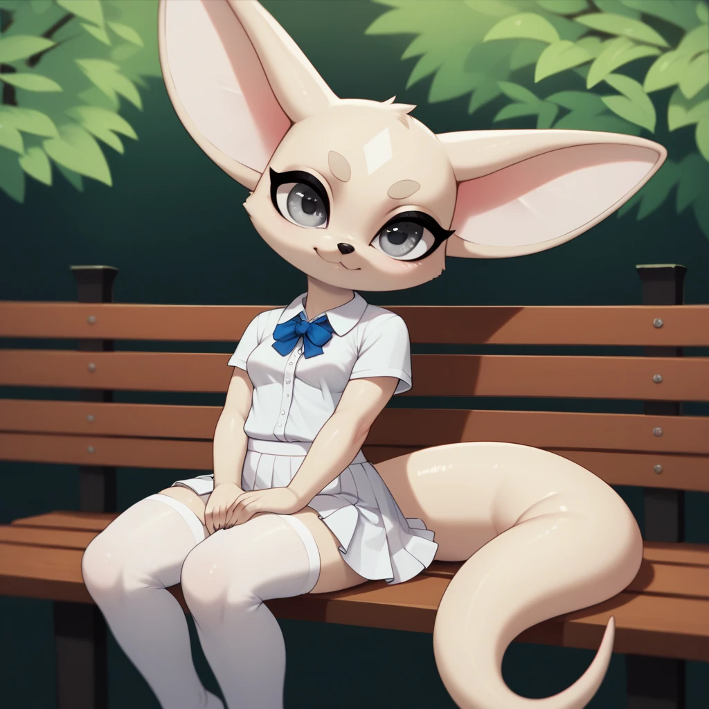 Cinematic, alone, female fennec, furry, small breasts, dressed in a short white shirt, with a white skirt, wearing white stockings, small, beautiful detailed eyes, gray eyes, long tail, sitting on a bench, hands on thighs, big eyes, neutral expression, no hair on de body, shiny and soft skin