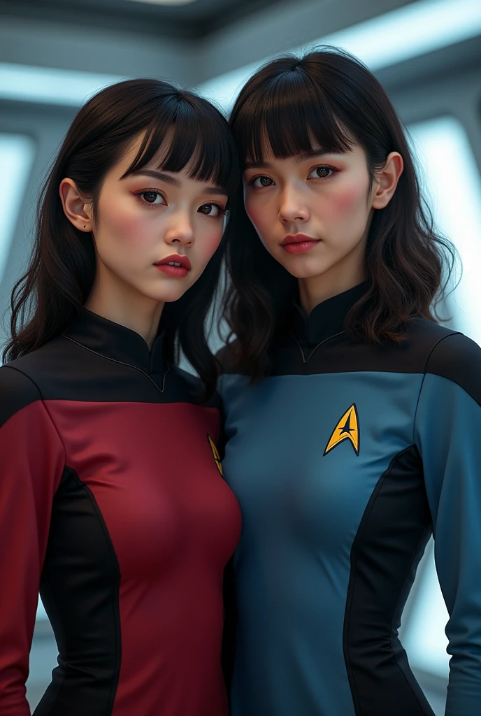  Dr Spock Dr Star trek next to a girl with dark brown wavy mid-length hair, with bangs, With dark brown almond-shaped eyes and a pinkish complexion , thin red lips and with the medical uniform.  the Star Trek 