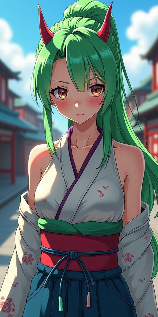 1girl, green hair, purple eyes, wallpaper, deep light, D-cup boobs, landscape, beautiful face, sexy body, (Masterpiece artwork:1.2), (best qualityer:1.2), sexly, grown-up, night, japanese style, naked boobs, best quality