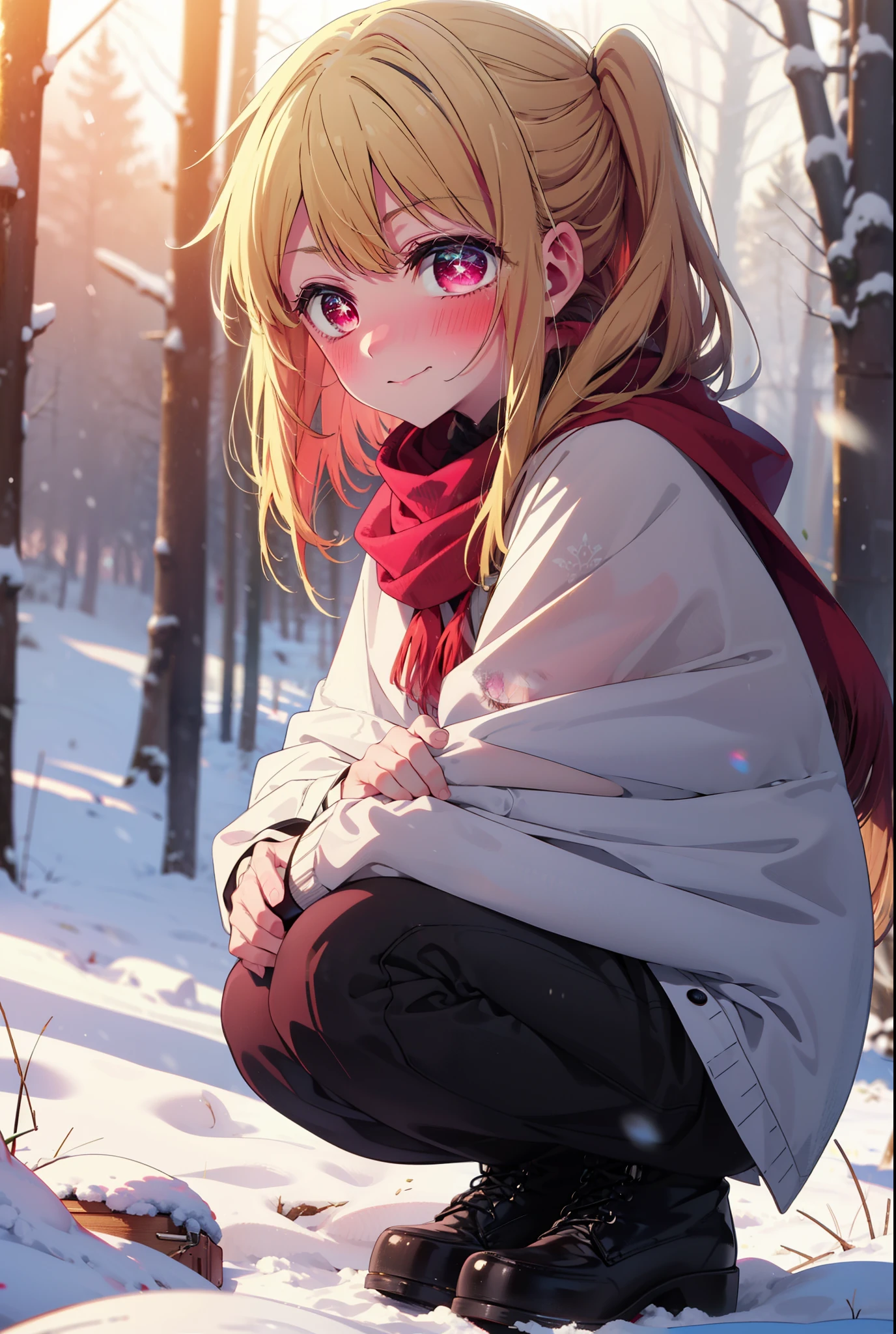 rubyhoshino, Hoshino Ruby, Long Hair, bangs, blonde, (Pink Eyes:1.3), Side Lock, (Symbol-shaped pupil:1.5), Multicolored Hair, Two-tone hair, smile,,smile,blush,white breath,
Open your mouth,snow,Ground bonfire, Outdoor, boots, snowing, From the side, wood, suitcase, Cape, Blurred, , forest, White handbag, nature, Squat, Mouth closed, Cape, winter, Written boundary depth, Black shoes, red Cape break looking at viewer, Upper Body, whole body, break Outdoor, forest, nature, break (masterpiece:1.2), Highest quality, High resolution, unity 8k wallpaper, (shape:0.8), (Beautiful and beautiful eyes:1.6), Highly detailed face, Perfect lighting, Highly detailed CG, (Perfect hands, Perfect Anatomy),