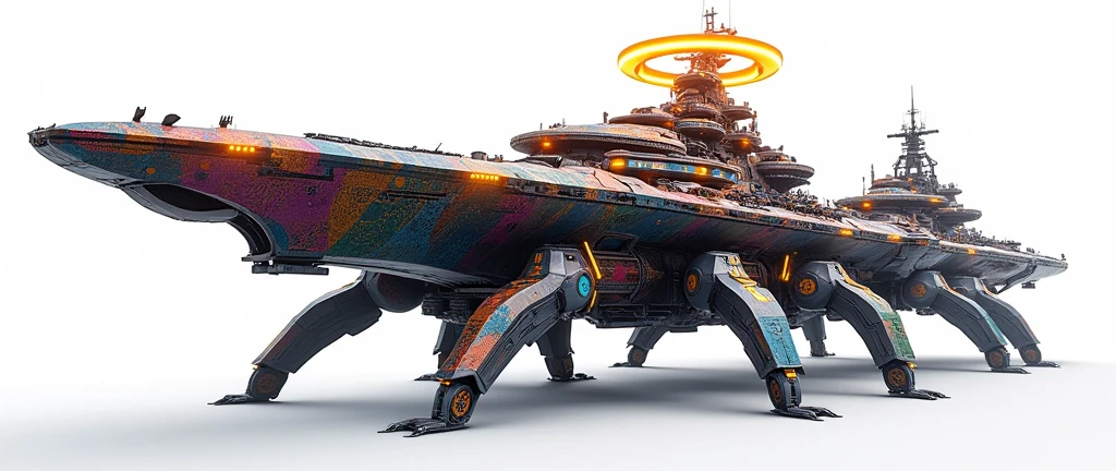A long wide giant heavily armored divine futuristic flying all terrain biomechanical space battleship covered in rainbow batik pattern and glowing javanese runic symbols, multiple retractable cybernetic spider legs with wheels on the tip, divine halo, flying hovercraft, flying submarine, flying aircraft carrier, flying hotel, flying resort, flying city, flying skyscraper, flying cruise ship, flying yacht, flying castle, flying military base, multiple thrusters, multiple helipad, multiple propeller, mobile headquarters, mobile command center, automatic turrets, missile banks, missile defense system, multi-port rear engine arrays, large pivoted missile pods, anti-air batteries, reactive armour over vital spaces, VTOL thrusters, ventral ground-facing VTOL thruster bays, retractable center cannon, super carrier, sky carrier, space station, floating city, floating castle, white background