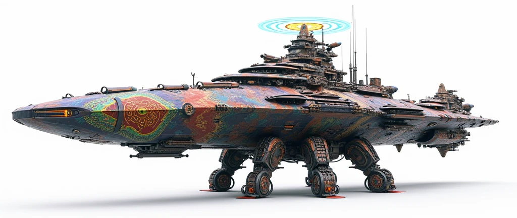 A long wide giant heavily armored divine futuristic flying all terrain biomechanical space battleship covered in rainbow batik pattern and glowing javanese runic symbols, multiple retractable cybernetic spider legs with wheels on the tip, divine halo, flying hovercraft, flying submarine, flying aircraft carrier, flying hotel, flying resort, flying city, flying skyscraper, flying cruise ship, flying yacht, flying castle, flying military base, multiple thrusters, multiple helipad, multiple propeller, mobile headquarters, mobile command center, automatic turrets, missile banks, missile defense system, multi-port rear engine arrays, large pivoted missile pods, anti-air batteries, reactive armour over vital spaces, VTOL thrusters, ventral ground-facing VTOL thruster bays, retractable center cannon, super carrier, sky carrier, space station, floating city, floating castle, white background