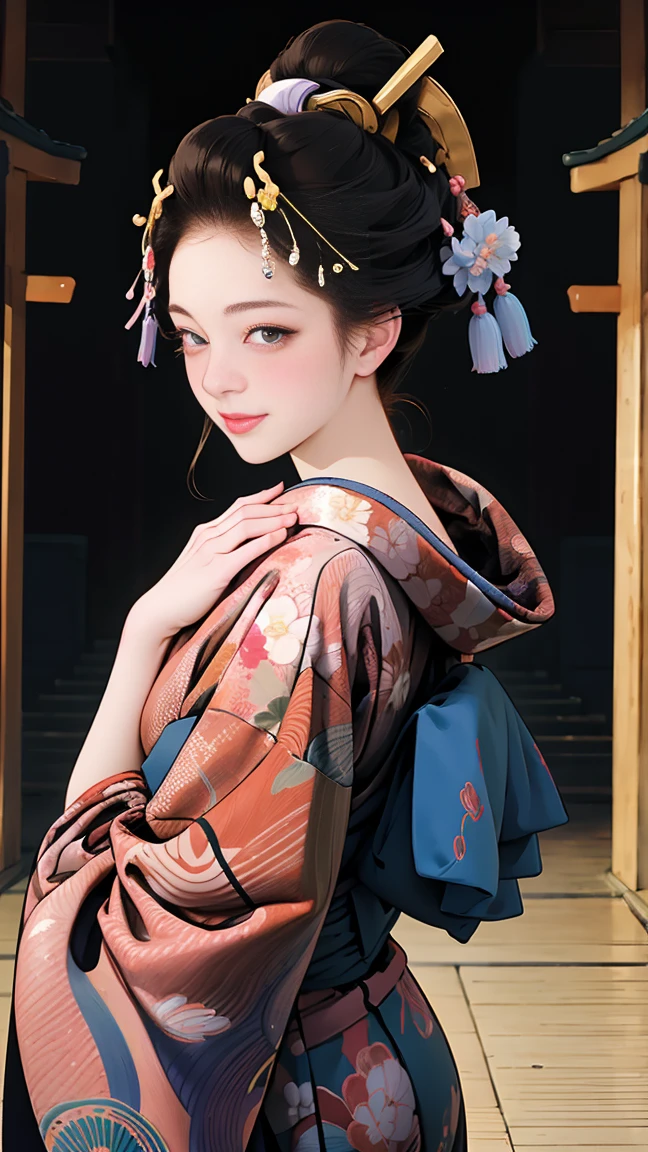 (SeaArt creates stunning digital illustrations of beautiful women in kimono)、A beautiful woman smiles and shows her upper white teeth、Vividly colored Japanese Ukiyo-e style illustrations、Brown-black long hair、Beautiful full body style、If you want to dance, dance along to the Tokyo Ondo, Yoi Yoi、Beautiful new digital paintings,、 Bright vibrant digital anime art、Beautiful anime portraits、The background is the torii gate of a Japanese shrine.、Detailed digital anime art、