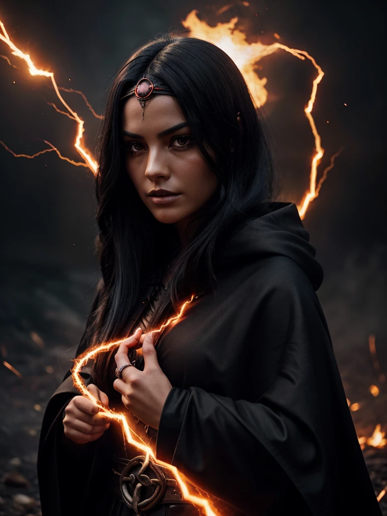 Create a dramatic, dark-toned image of a mysterious character with long black hair, wearing a dark cloak with glowing red highlights. The character's face is partially shadowed, showing intense focus and emotion. A headband with a symbol is prominently displayed, and a fiery red ring of energy encircles the character's head, with glowing embers and sparks flying around. The overall atmosphere is powerful, intense, and otherworldly, with a sense of dark magic or energy enveloping the scene."






