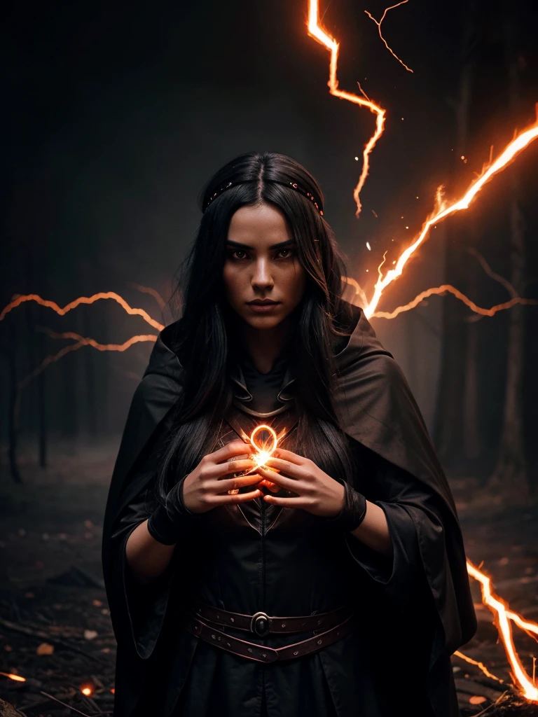 Create a dramatic, dark-toned image of a mysterious character with long black hair, wearing a dark cloak with glowing red highlights. The character's face is partially shadowed, showing intense focus and emotion. A headband with a symbol is prominently displayed, and a fiery red ring of energy encircles the character's head, with glowing embers and sparks flying around. The overall atmosphere is powerful, intense, and otherworldly, with a sense of dark magic or energy enveloping the scene."






