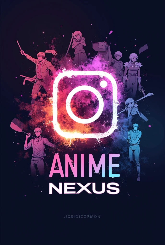 

"Create an Instagram logo for an account named 'Anime Nexus.' The design should feature the official Instagram logo centered at the top, with the text 'Anime Nexus' positioned just below it in a bold, modern font. The background should include a dynamic collage of anime images or silhouettes, representing various popular anime characters and genres. The color scheme should be vibrant, using complementary colors like purple, pink, and blue to match the Instagram logo and give an energetic, cohesive look."