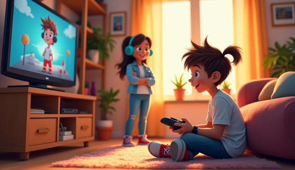 Lucas: A boy, brown messy hair, wearing a simple white t-shirt and worn blue jeans with red sneakers with an expression of wonder and excitement, holding a portable console while watching a commercial for the latest video game console on TV.
Valeria: A , with freckles and long dark hair, tied back in a high ponytail; wearing a simple white t-shirt with a light blue denim jacket and tight light blue jeans (He wears a black smartwatch and turquoise wireless headphones.) standing with his arms crossed, looking directly at his brother with a kind smile.
Setting: A cozy video game room, illuminated by natural light coming in through a window on the right. In the center, Lucas is sitting on the floor with an expression of wonder and excitement, holding a portable console while watching a commercial for the latest video game console on TV. Valeria is standing near the door, smiling as she watches Lucas. The environment should be vibrant, with warm colors that reflect Lucas' passion for video games.