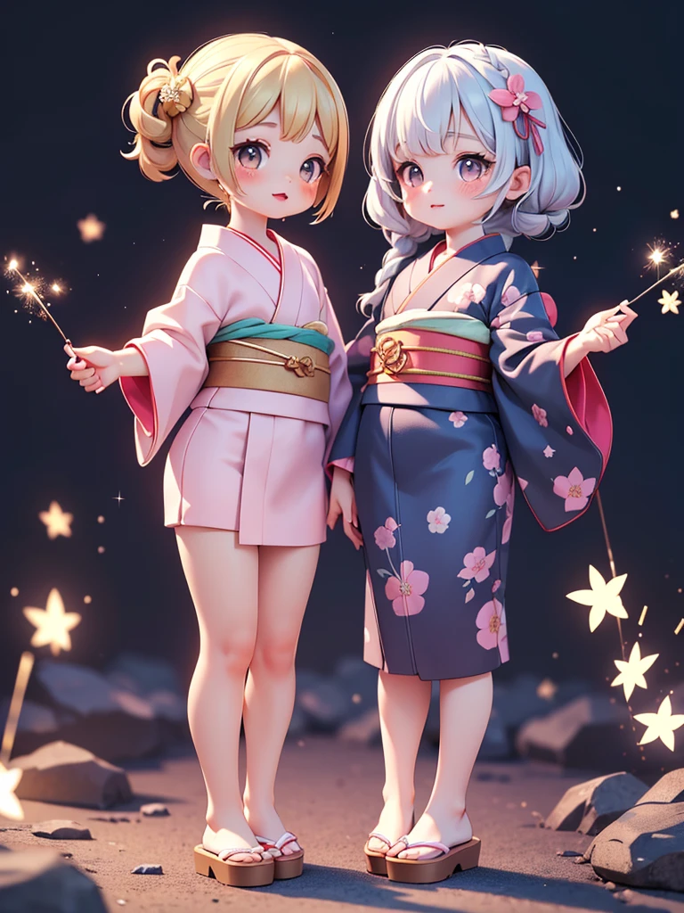 ((petite cute 2girls)), ((cute face)), ((puffy eyes)), ((masterpiece)), ((best quality)), ((ultra detailed)), ((exquisite)), ((depth)), ((crisp)), ((16k)), ((beautiful and aesthetic)), ((super detailed skin)), ((high standard)), ((highres)), (perfect anatomy), (blush), (lipstick), (full body), (nostalgic scenery), (cove, night), (emotional), (japanese sparklers), (hearpin), (mini yukata)