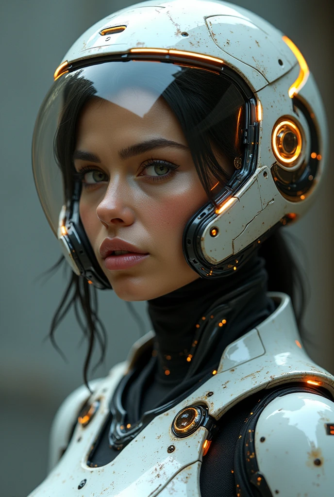 a close up of a woman in a futuristic suit with a helmet on, cyberpunk art inspired by Marek Okon, cgsociety contest winner, digital art, girl in mecha cyber armor, pregnant female cyborg, diverse cybersuits, cybersuit, wearing futuristic armor, wojtek fus, female mecha, sci-fi android female, female cyborg