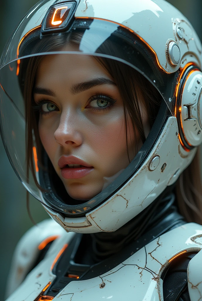 a close up of a woman in a futuristic suit with a helmet on, cyberpunk art inspired by Marek Okon, cgsociety contest winner, digital art, girl in mecha cyber armor, pregnant female cyborg, diverse cybersuits, cybersuit, wearing futuristic armor, wojtek fus, female mecha, sci-fi android female, female cyborg