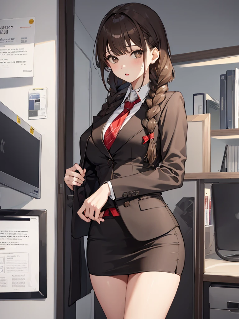 nsfw masterpiece, best quality, 1 girl, solo, teenager, large breasts, light brown eyes, bangs, brond hair, braids hair, office staff suit, jacket, pencil skirt, upper body, standing, office