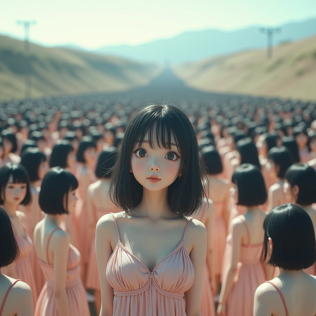 (((((Japanese Clone girls=Myself)))))), (((Best Super High quality Myself Clone girls Raw Photography Art))), (16K, Highest quality, Ultra-high resolution, RAW Photos), (((It&#39;s so unrealistic., With unparalleled depiction, With an unfathomable sight, An unprecedented and shocking worldview, Clone girls in a world of mass reproduction, Ultra-realistic))), (((Japanese, woman, 24yo, Ishihara Satomi))), (Small face, ((Thick black hair, Semi-long hair))), ((V-neck short-sleeve dress)), (((((Very detailed美しい女体, Accurate body structure, Very detailed完璧な, Super busty body with very large breasts, Clearly emphasizes cleavage))))), (((Dark Eyes, Mature face, Cute Smile, A gentle gaze))), (((Very happy laughter is beautiful))), ((((((((Very detailed分身増殖描写, ((1girl→Myself cloning→1,000,000,000,000,000,000,000,000,000,000,000,000,000,000,000,000,000,000,000,000Myself Clone girls)))))))))), ((((((((Very detailed, The precise depiction of the proliferation of Myself Clone girls, ((With the perfectly identical bodies of Myself clone girls, With the exact same face as the Myself clone girls, With the exact same hairstyle as the Myself clone girls, In the exact same clothes as the girls who are my clones, Perfectly the same height as the Myself clone girls, Super big breasts, just like the Myself clone girls)))))))))), (((Myself clone girls only))), (((Multiple pairs, Very detailed depiction, (Myself clone girls hug each other, Myself clone girls assemble, Fun conversations with fellow Myself clone girls, A fun conversation between Myself clone girls, Myself clone girls holding hands, Walking with lots of Myself clone girls)))), (((Everyone looks at the camera))), (((Unbelievably crowded, Transcendent Myself clone girls intimately, Countless Myself clone girls surround you in 360 degrees))), (Bright, soft sunlight), (((Very wide field of view, Very detailed, Detailed ultra-perspective depiction with clear depth, wide view))), (((((Landscape with a curved slope))))), (((Very photographic and detailed depiction, Myself clone girls will multiply infinitely and fill the surroundings from one side to the horizon with their bodies tightly packed together without any gaps., A scene of endless Myself clone girls and a fun atmosphere))), (Focus on the average value of the image)