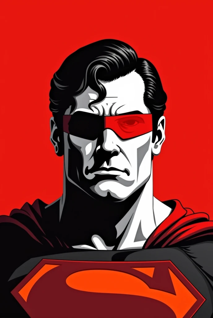 A stylized Art vectoriel portrait of Superman with a black and white face, partiellement obscurci par une bande rouge audacieuse sur ses yeux et sa bouche. L'arrière-plan est rouge uni. La figure semble solennelle, Art vectoriel