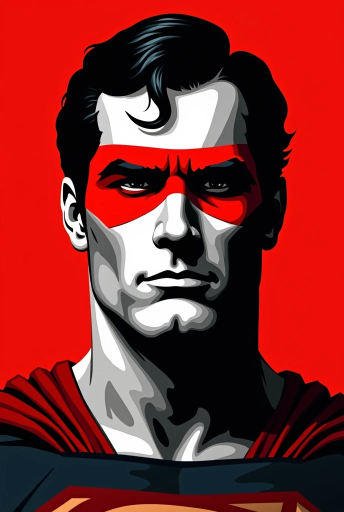 A stylized Art vectoriel portrait of Superman with a black and white face, partiellement obscurci par une bande rouge audacieuse sur ses yeux et sa bouche. L'arrière-plan est rouge uni. La figure semble solennelle, Art vectoriel