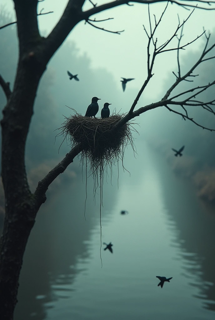 Flush the nest dou to flood.the nest live on the tree before flushed environment is fear.watch this image look like far distance image always looking very small