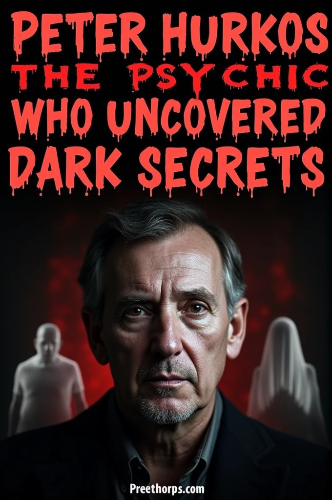  For a very scary and compelling YouTube thumbnail about Peter Hurkos, try the following:

**Title Text:** "Peter Hurkos: The Psychic Who Uncovered Dark Secrets"

**Visual Elements:**
1. **Dark Background:** Use a dark, ominous background to set a creepy tone.
2. **Peter Hurkos’ Portrait:** Choose a slightly shadowed or eerie photo of him, possibly with a distressed or intense expression.
3. **Ghostly Effects:** Incorporate ghostly or spectral images around him, like faint, ethereal figures or shadowy forms.
4. **Red and Black Colors:** Use a palette of red and black to evoke a sense of fear and urgency.
5. **Distressed Text:** Make the title text look worn or damaged, perhaps with a "cracked" or "blood-spattered" effect to enhance the horror theme.

This combination will create a chilling and eye-catching thumbnail that piques viewers’ curiosity and fear.