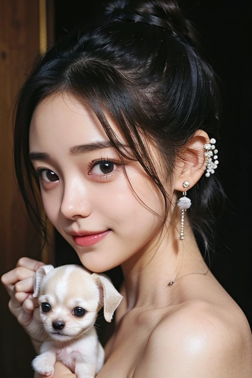 (2 pure Japanese girl,), (Small breasts:1.5,),(solo,,Textured skin, Detailed skin,Detailed face,Detailed eyes,detailed posing,Natural eyebrows,Sparkling Eyes,High detail, Highest quality, Super detailed, Surrealism, ,8k,RAW Photos,Photographicism,Professional Lighting,Ray Tracing,Portrait Photography,Soft Light),(((Black Hair, Natural Makeup,Simple earrings, Bun Hair,smile))),(((Holding a white puppy,Chihuahua)))